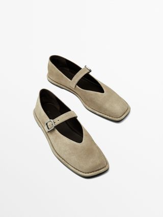 Massimo Dutti, Split Suede Ballet Flats With Buckle
