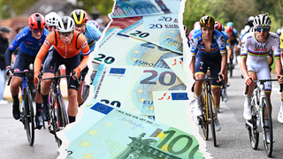 Demi Vollering, Lotte Kopecky, Elisa Longo Borghini, Remco Evenepoel, and Tadej Pogačar riding with euro notes splashed across the centre.