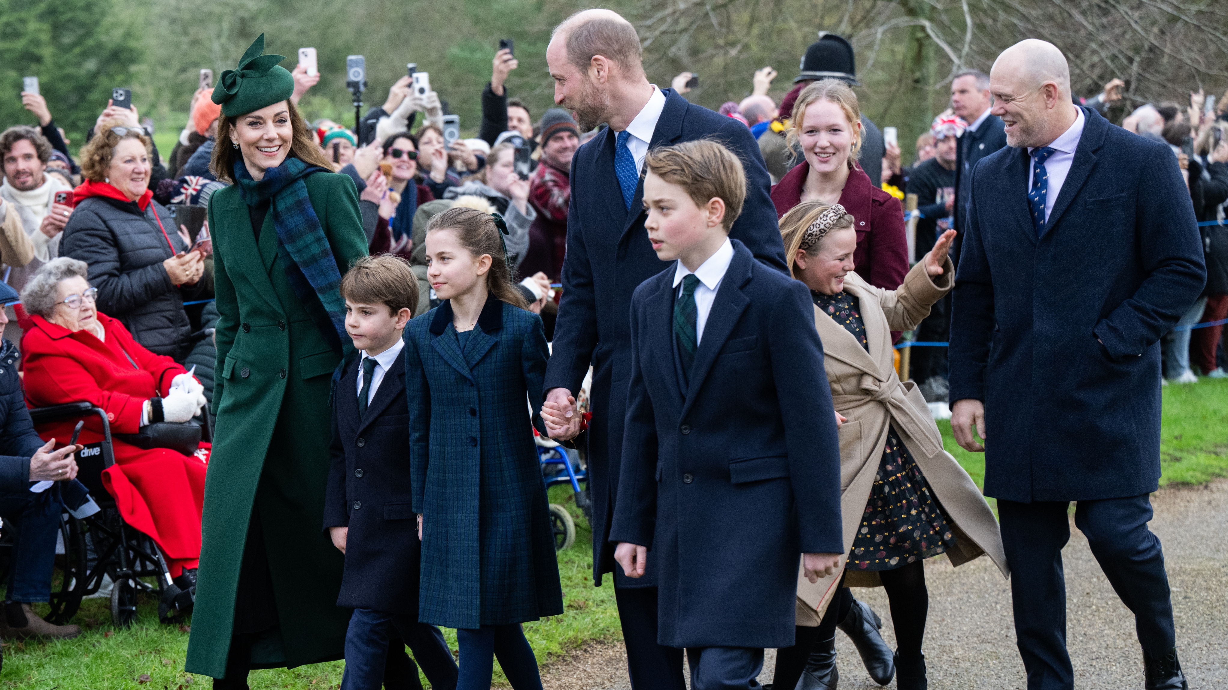 Catherine, Princess of Wales, Prince Louis, Princess Charlotte, Prince William, Prince George, Mia Tindall and Mike Tindall attend the Christmas Morning Service on December 25, 2024