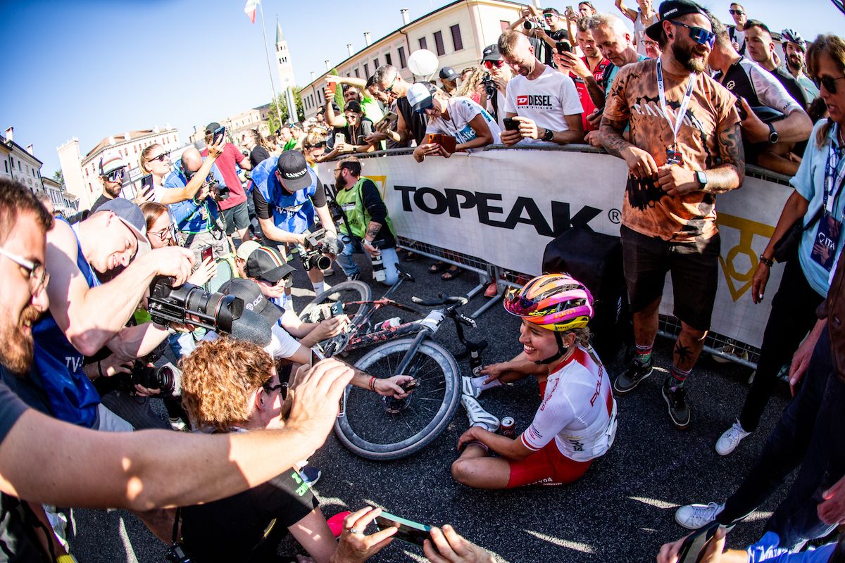A happy Kasia Niewiadoma (Poland) after the crossing the finish line for the win