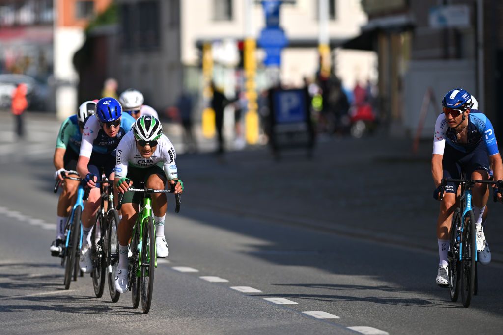 OVERIJSE BELGIUM APRIL 10 LR Jefferson Alveiro Cepeda of Ecuador and Team Caja Rural Seguros RGA and Dylan Teuns of Belgium and Team Israel Premier Tech compete in the breakaway during the 64th De Brabantse Pijl La Fleche Brabanconne 2024 Mens Elite a 1952km one day race from Leuven to Overijse on April 10 2024 in Overijse Belgium Photo by Luc ClaessenGetty Images