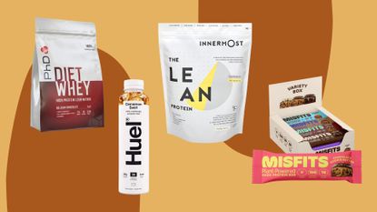 A selection of the best protein shake for losing weight options, including PhD, Huel, Innermost, and Misfits protein bars