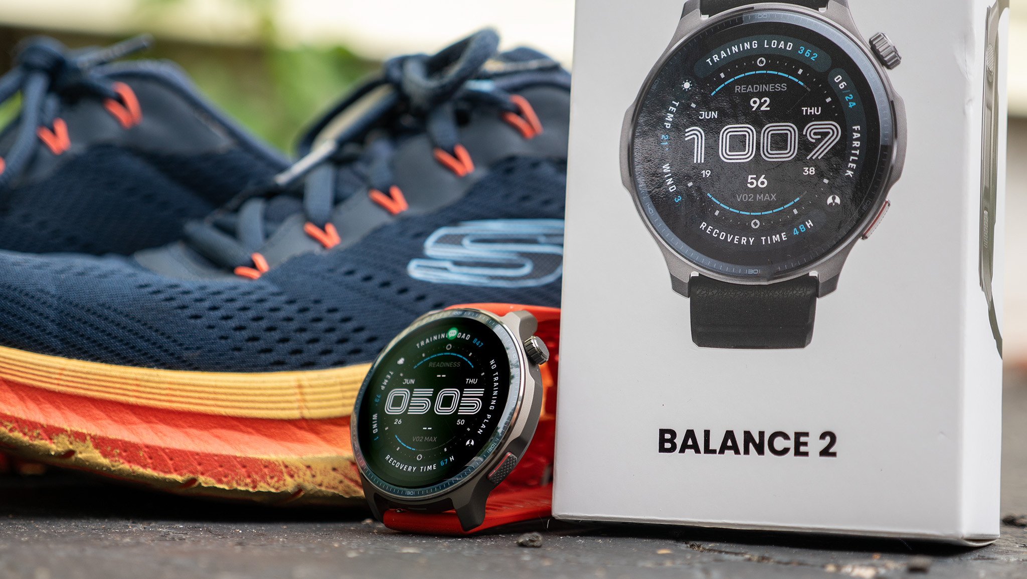 The Amazfit Balance 2 smartwatch with an orange strap