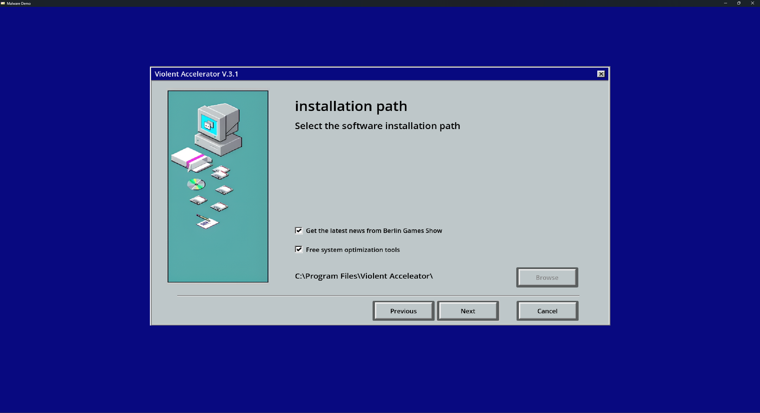 A fake installation wizard in the game Malware, with multiple tickboxes to install malicious additional programs.
