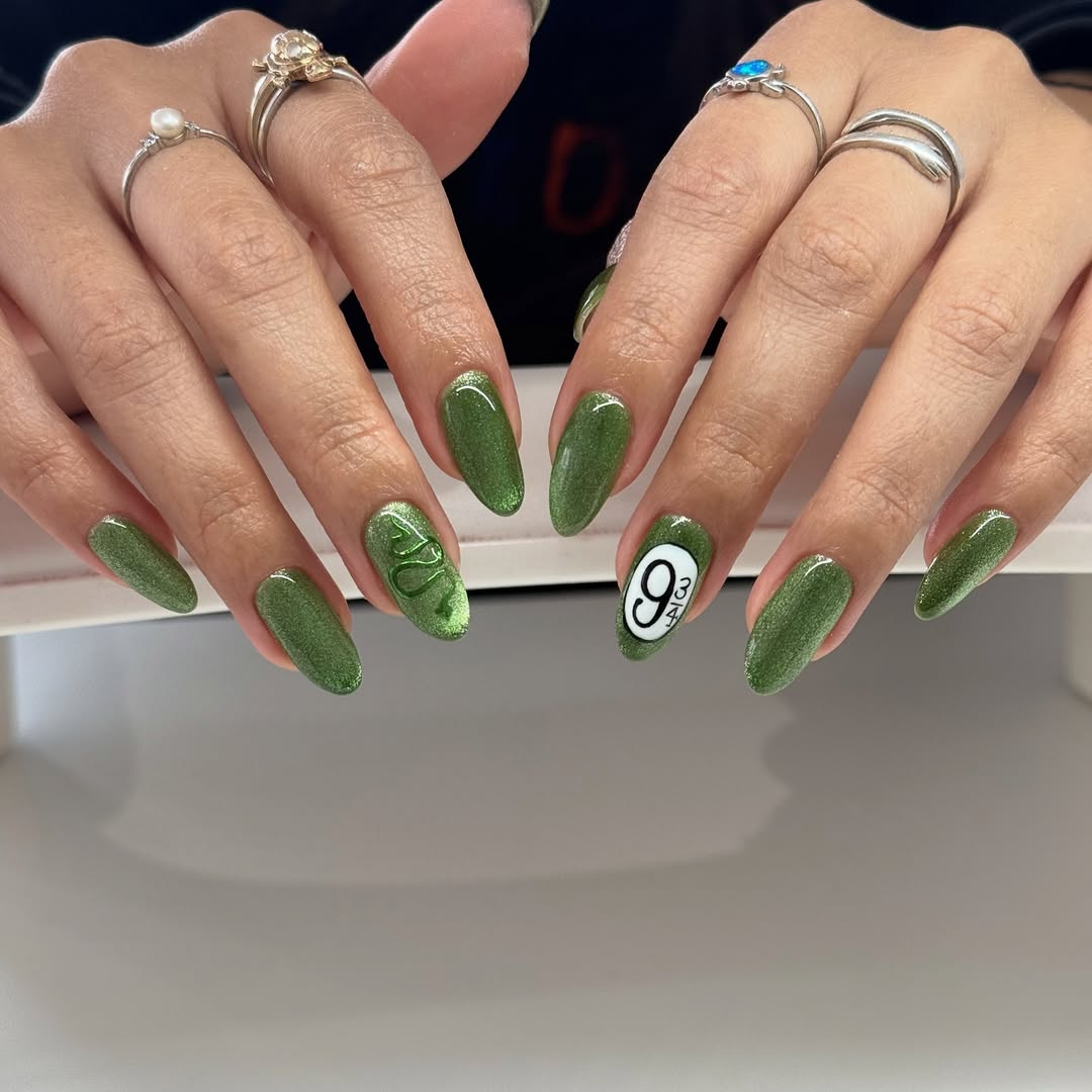 green slytherin harry potter nail art