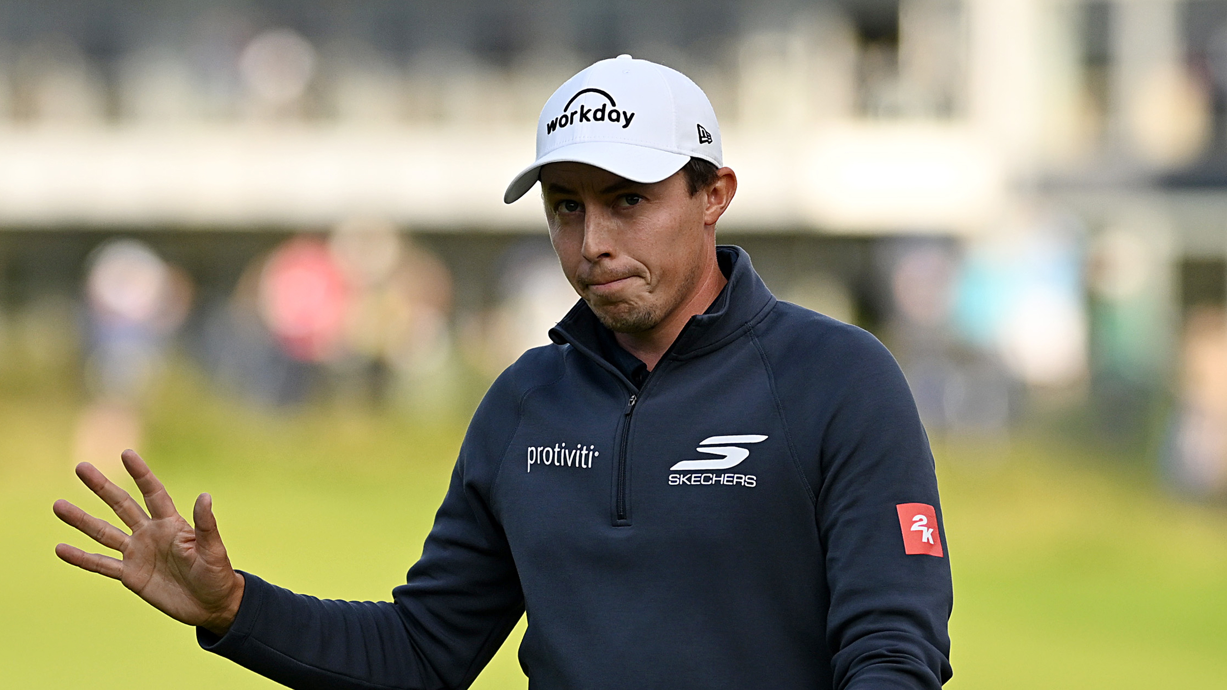 Matt Fitzpatrick waves to the crowd during round two of the 2025 Open Championship