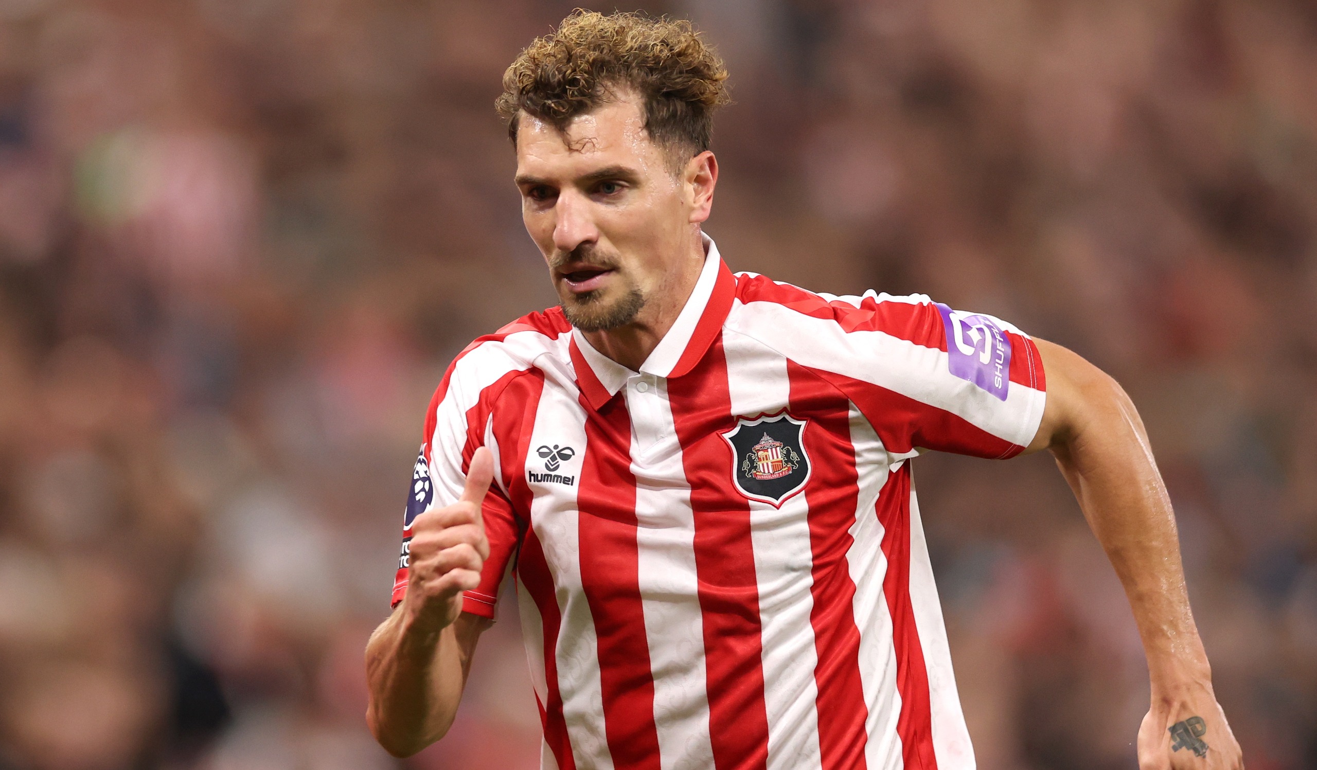 Thomas Meunier of Sunderland in action during the Premier League 2026/27 match between Sunderland and Arsenal FC at Stadium of Light on September 12, 2026 in Sunderland, England