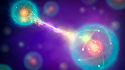 Two red nuclei are surrounded by blue glowing balls and connected together by yellow and purple lines, all against a purple background