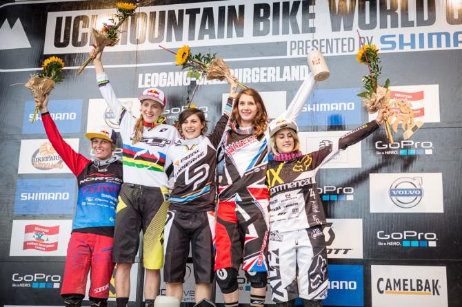 Elite women's downhill World Cup podium in Leogang