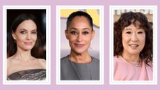 Angelina Jolie, Tracee Ellis Ross and Sandra Oh pictured wearing black eyeliner looks/ in a purple template
