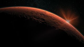 graphic illustration of mars showing a rusty red surface and light from the distant sun in the upper right corner.