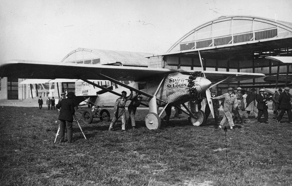 Charles Lindbergh arrives at Le Bourget, near Paris, in his Spirit of St. Louis aircraft on May 21, 1927.