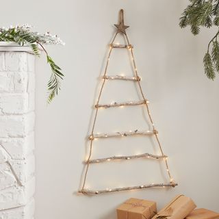 hanging wooden Christmas tree with lights