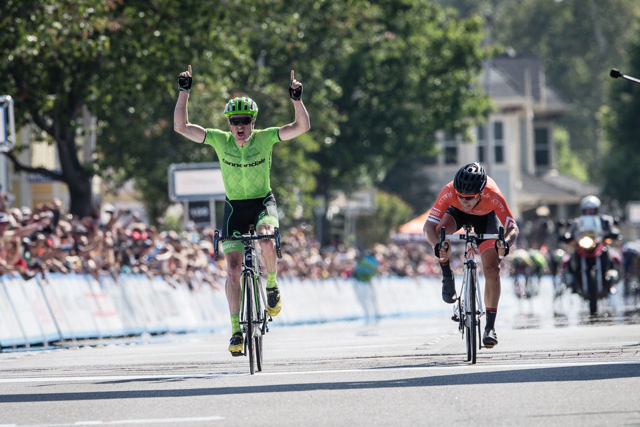 Ben King (Cannondale) crosses the line ahead of Evan Huffman (Rally)