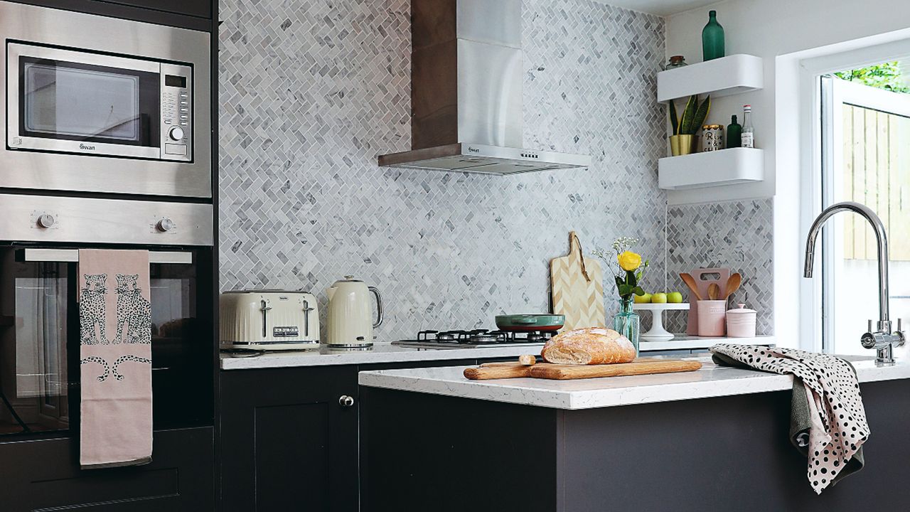 Black kitchen cabinets and kitchen counter