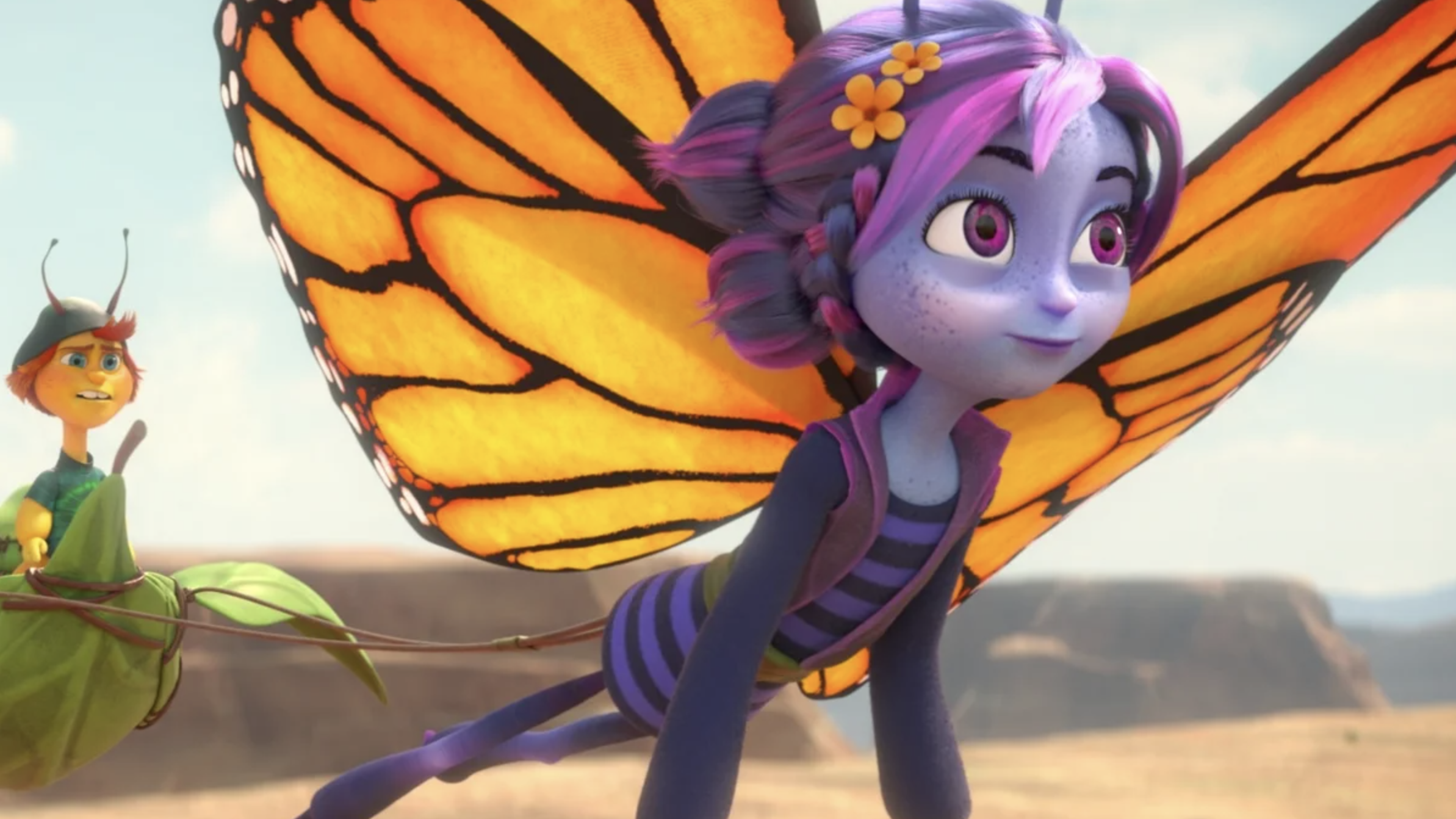 Fotograma de la película Butterfly Tale que muestra a uno de los grandes personajes de mariposas a punto de emprender el vuelo.