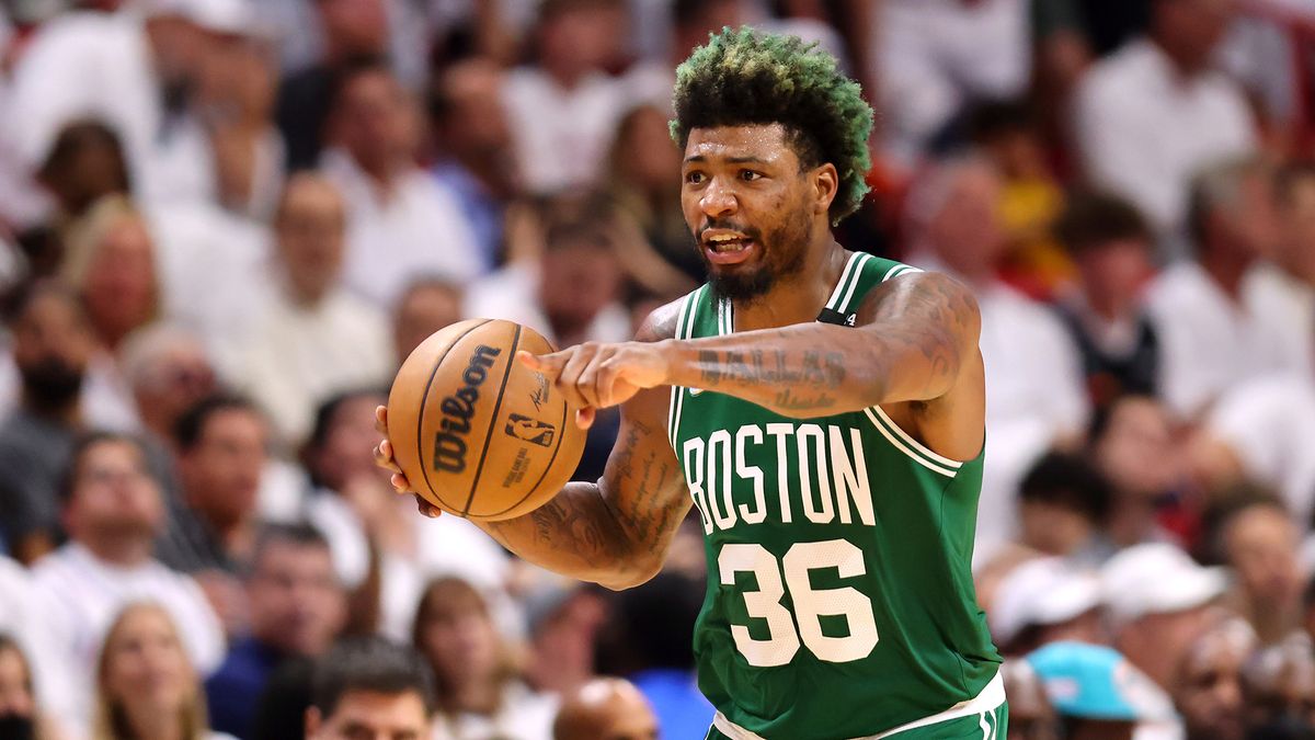 Marcus Smart bringing the ball upcourt in the Celtics vs Heat live stream