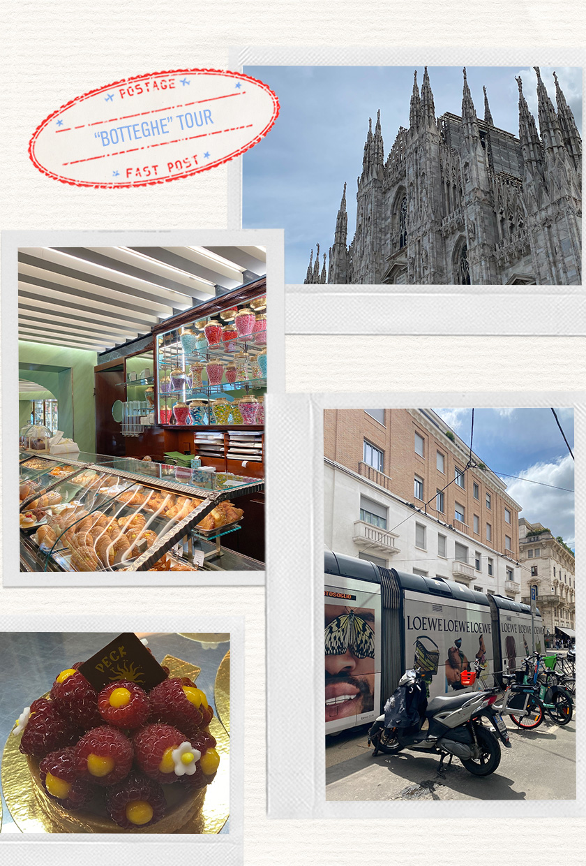a collage of images depicting a pastry tour in Milan, including the famous prada coffee shop, duomo, and peck grocery