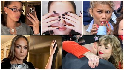 Photo collage of Hailey Bieber in glasses holding up her phone, selena gomez with black nail polish and hands covering her face, Zendaya drinking out of a straw with red nail polish, Jennifer lopez holding her hand on a wall, Taylor swift hugging travis kelce wearing red sweater and peach nail polish 