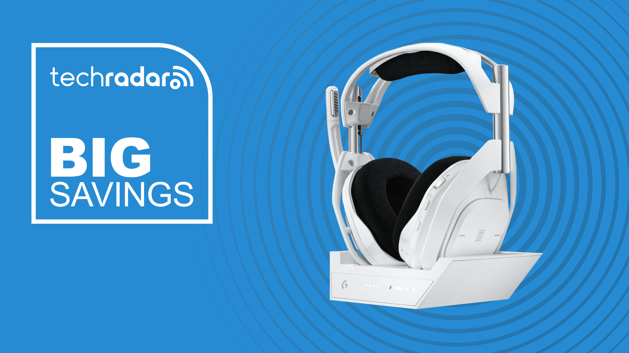 The Logitech G Astro A50 X in front of a blue background featuring the words &#039;big savings&#039;.