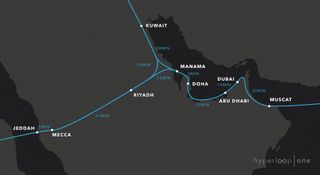Any major city in the Gulf Cooperation Council (with member states that include Bahrain, Kuwait, Oman, Qatar, Saudi Arabia and the United Arab Emirates) could be accessible within 1 hour with a Hyperloop transit system. This graphic shows estimated travel