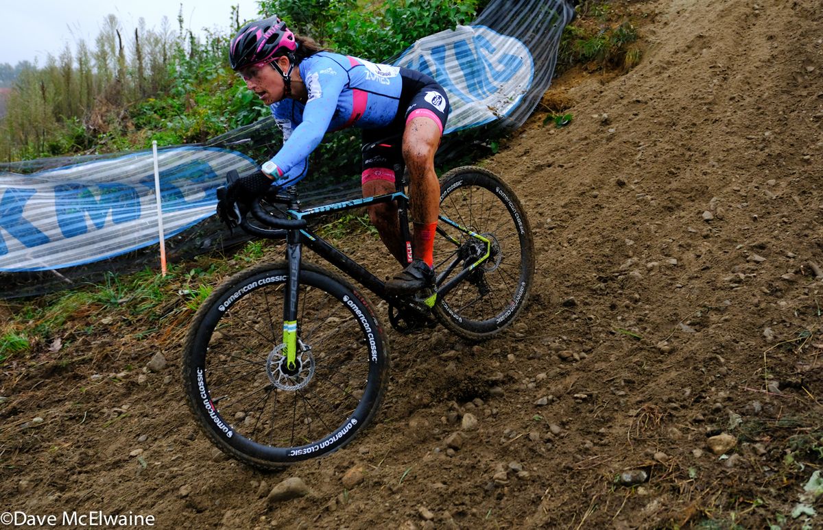 Courtenay McFadden (American Classic) trying to control her machine near the bottom of a steep drop