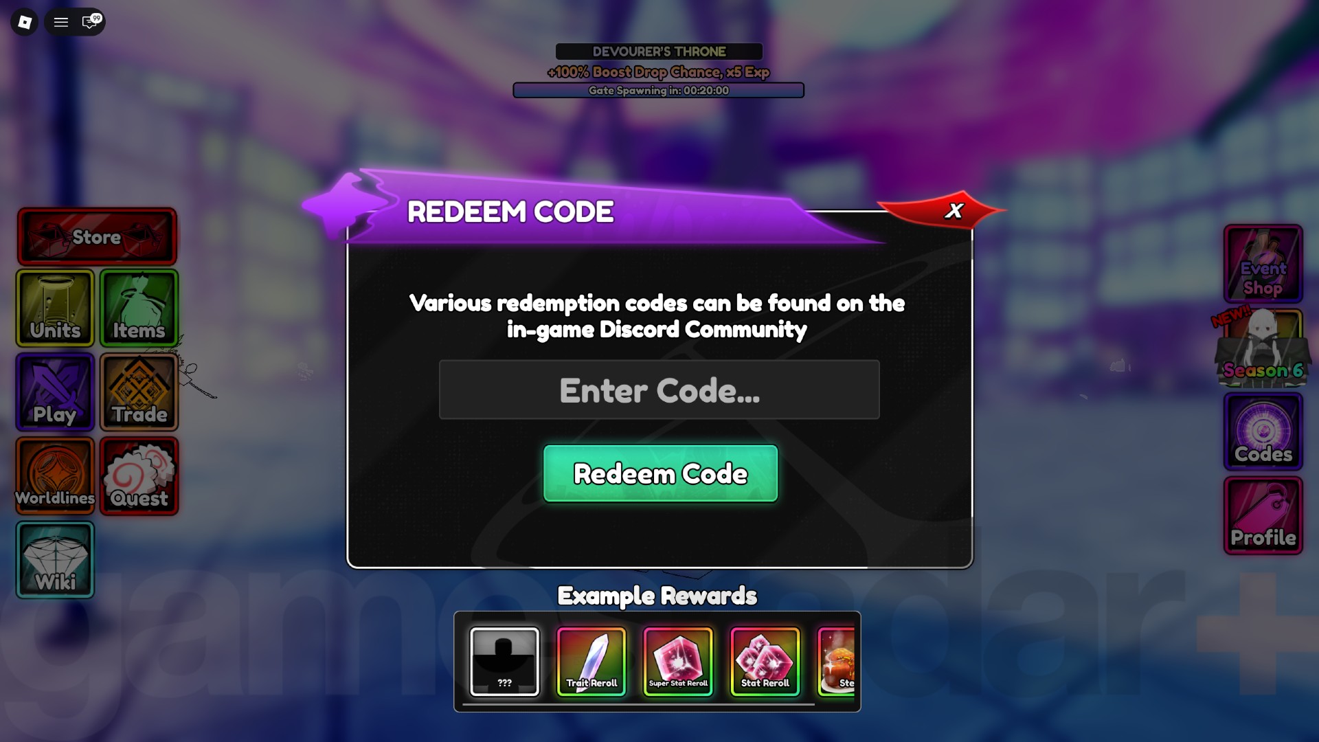 The in-game screen for entering Anime Guardians codes.