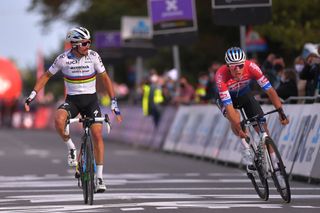 OVERIJSE BELGIUM OCTOBER 07 Arrival Julian Alaphilippe of France and Team Deceuninck QuickStep Celebration Mathieu Van Der Poel of Netherlands and Team AlpecinFenix during the 60th Brabantse Pijl 2020 Men Elite a 197km race from Leuven to OverijseSchavei 106m La Flche Brabanonne BP20 on October 07 2020 in Overijse Belgium Photo by Luc ClaessenGetty Images