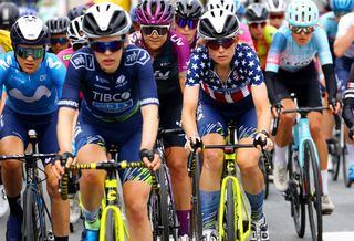 Team TIBCO-SVB riders Lauren Stephens, in US champion's jersey, and Clara Honsinger take part in La Course by Le Tour de France