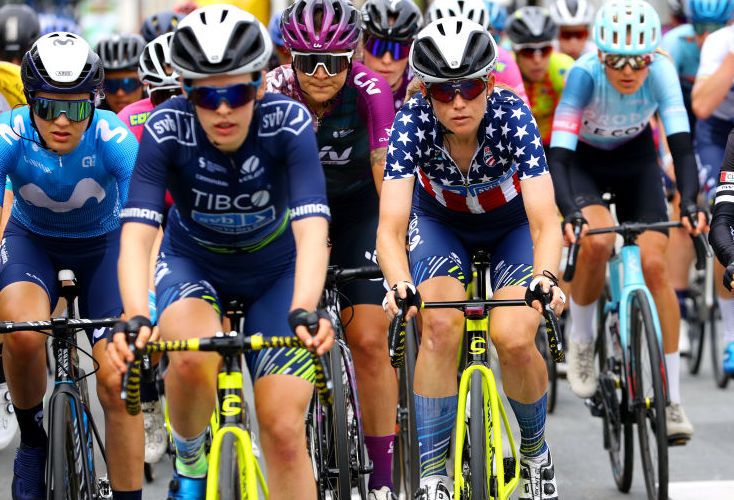 Team TIBCO-SVB riders Lauren Stephens, in US champion&#039;s jersey, and Clara Honsinger take part in La Course by Le Tour de France