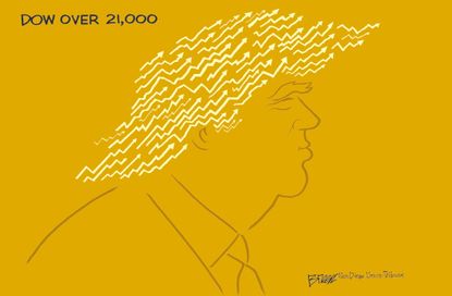Political Cartoon U.S. Trump dow jones stock market hair