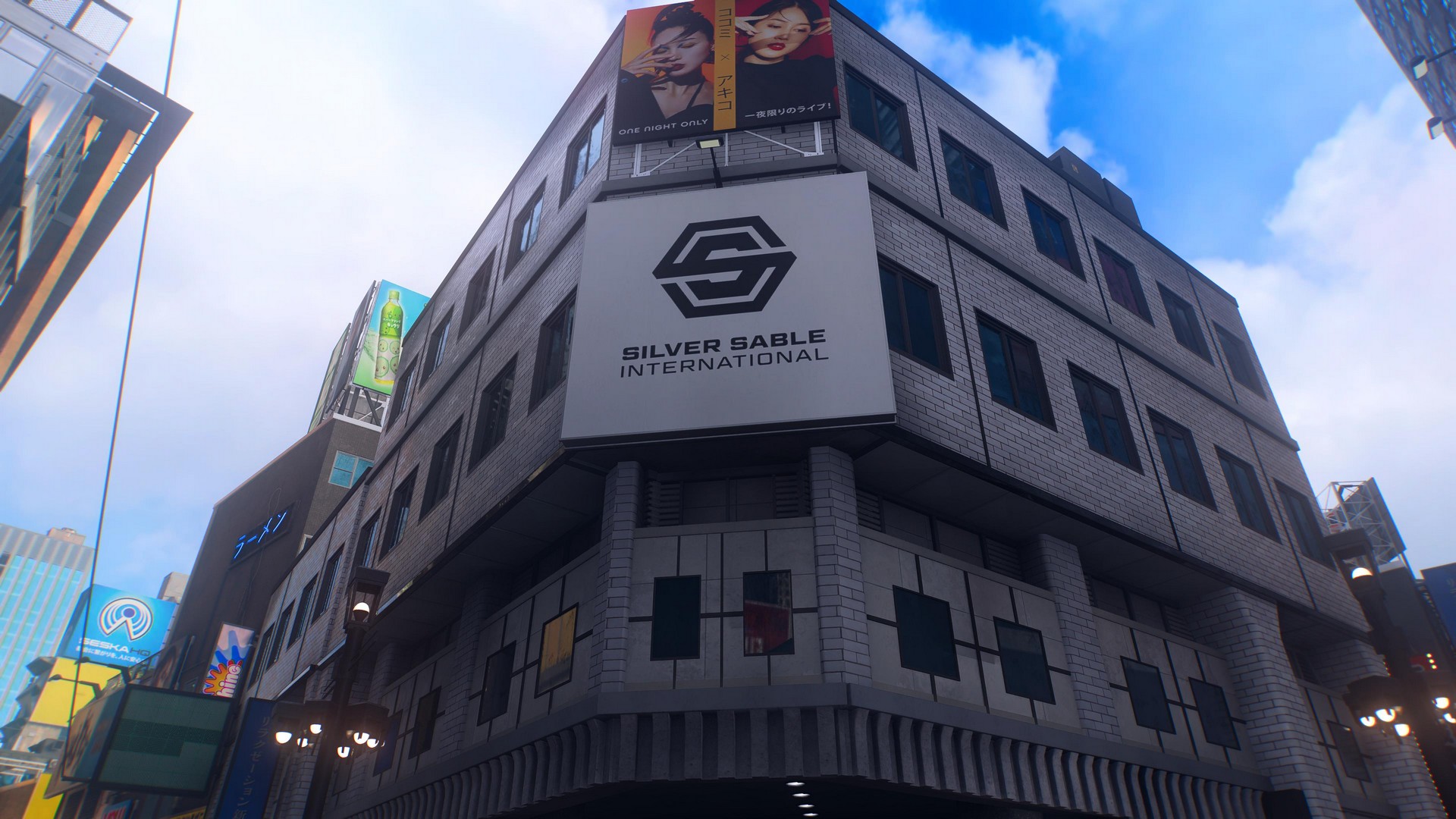 Silver Sable International is advertised on the side of a building in Marvel's Wolverine in Shinjuku, Tokyo