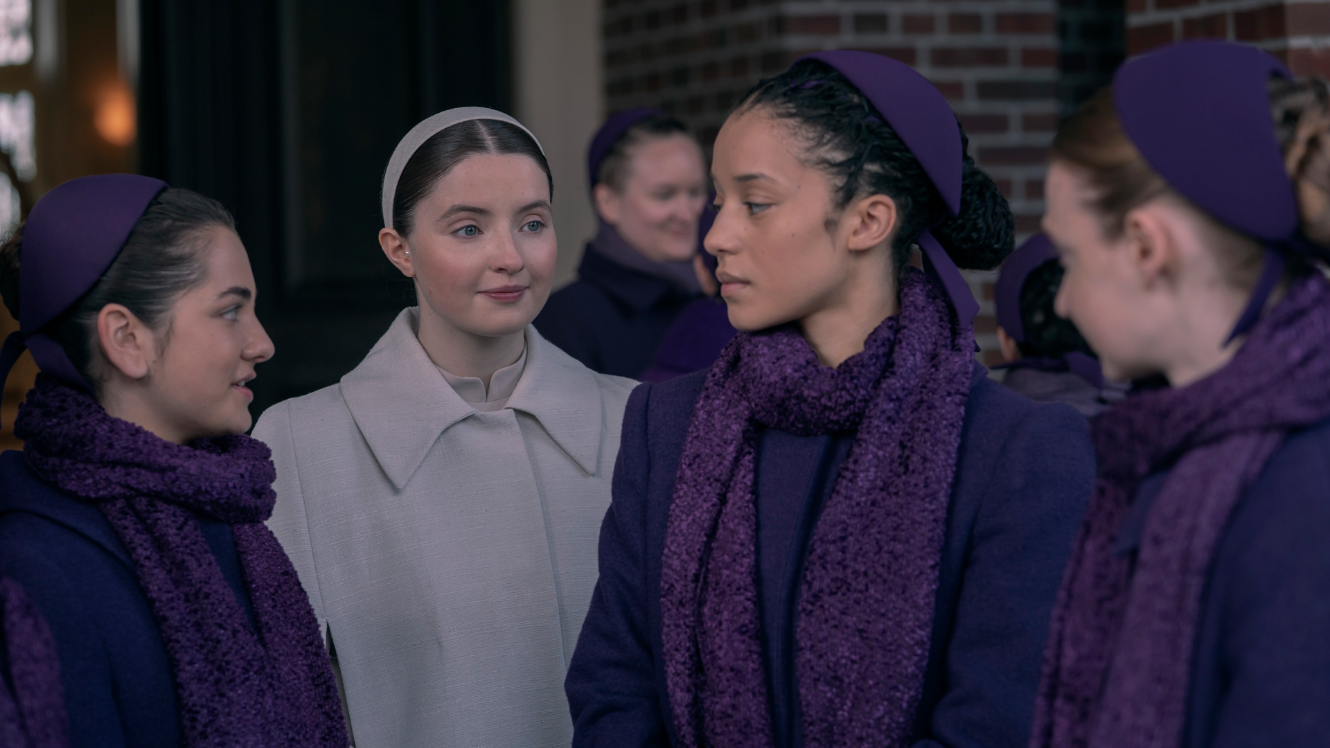 l-r Mattea Conforti as Becka, Lucy Halliday as Daisy, and Chase Infiniti as Agnes, in Hulu's 'The Testaments'