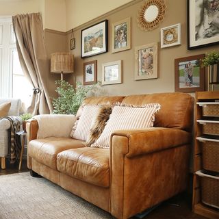 neutral living room with leather sofa