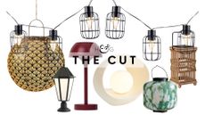 Stylish outdoor solar lights, from Art Noveau-inspired lanterns and string lights to woven table lamps, pictured against a white background