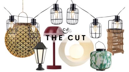 Stylish outdoor solar lights, from Art Noveau-inspired lanterns and string lights to woven table lamps, pictured against a white background