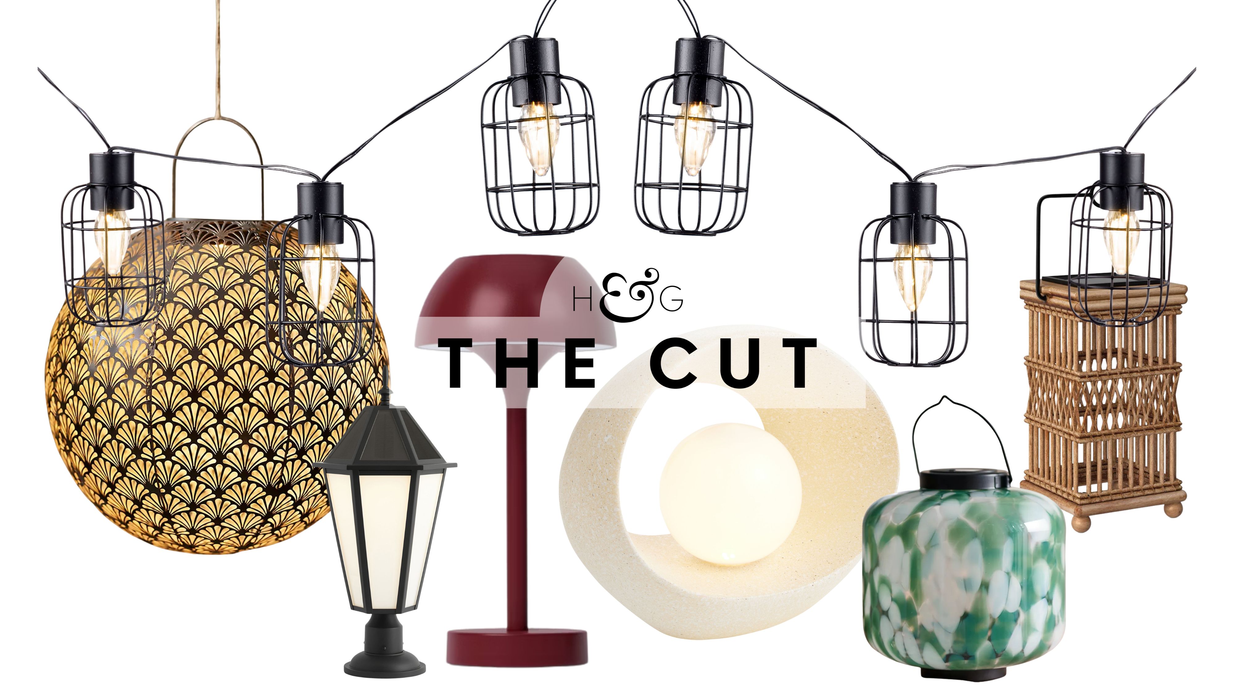 Stylish outdoor solar lights, from Art Noveau-inspired lanterns and string lights to woven table lamps, pictured against a white background