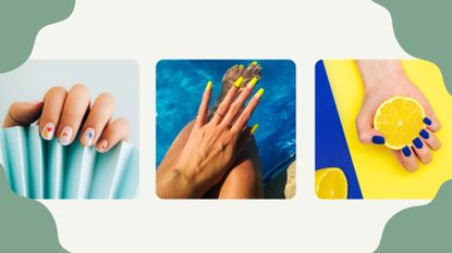 Three women's hands with various nail designs including blue manicure, nail art and yellow acrylic extensions