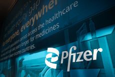 Pfizer logo seen on Pfizer World Headquarters in New York City