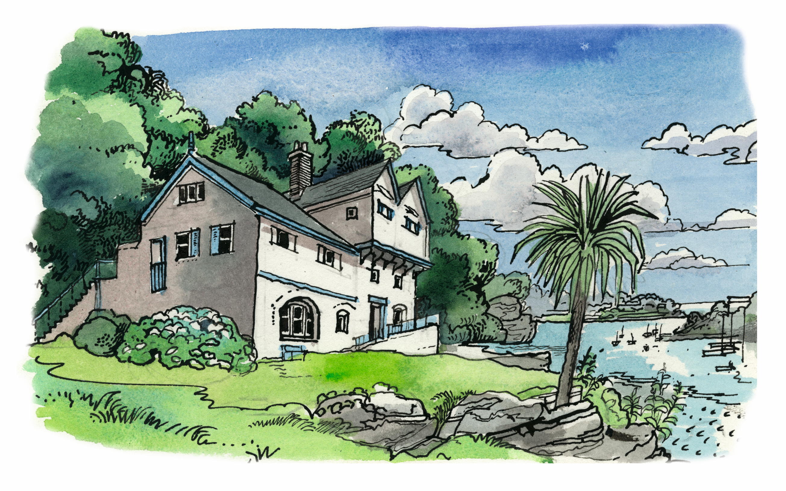 Daphne Du Maurier house illustrations by Matthew Rice December 2025