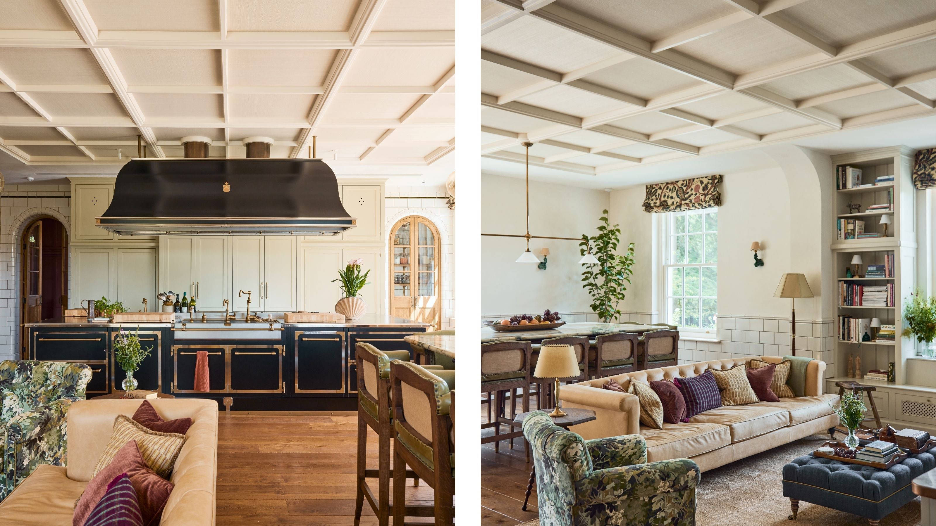 two side by side images of an open plan kitchen and lounge and dining wing of a grand english country home