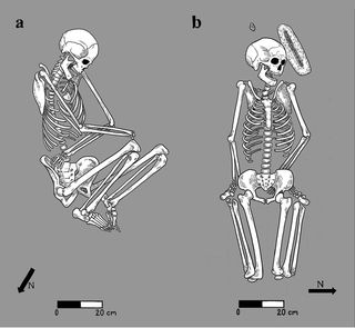 Bodies buried by family members in the Sonoran Desert were typically arranged in a flexed position on their side (left), while in atypical burials, bodies were left in more awkward positions (right), suggesting irreverence. 