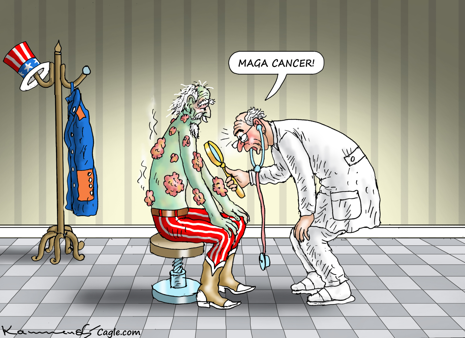 A sick-looking and shirtless Uncle Sam sits in a doctor's office. He is covered in sores. The doctor knees down to examine the sores and says, &amp;quot;MAGA cancer!&amp;quot;
