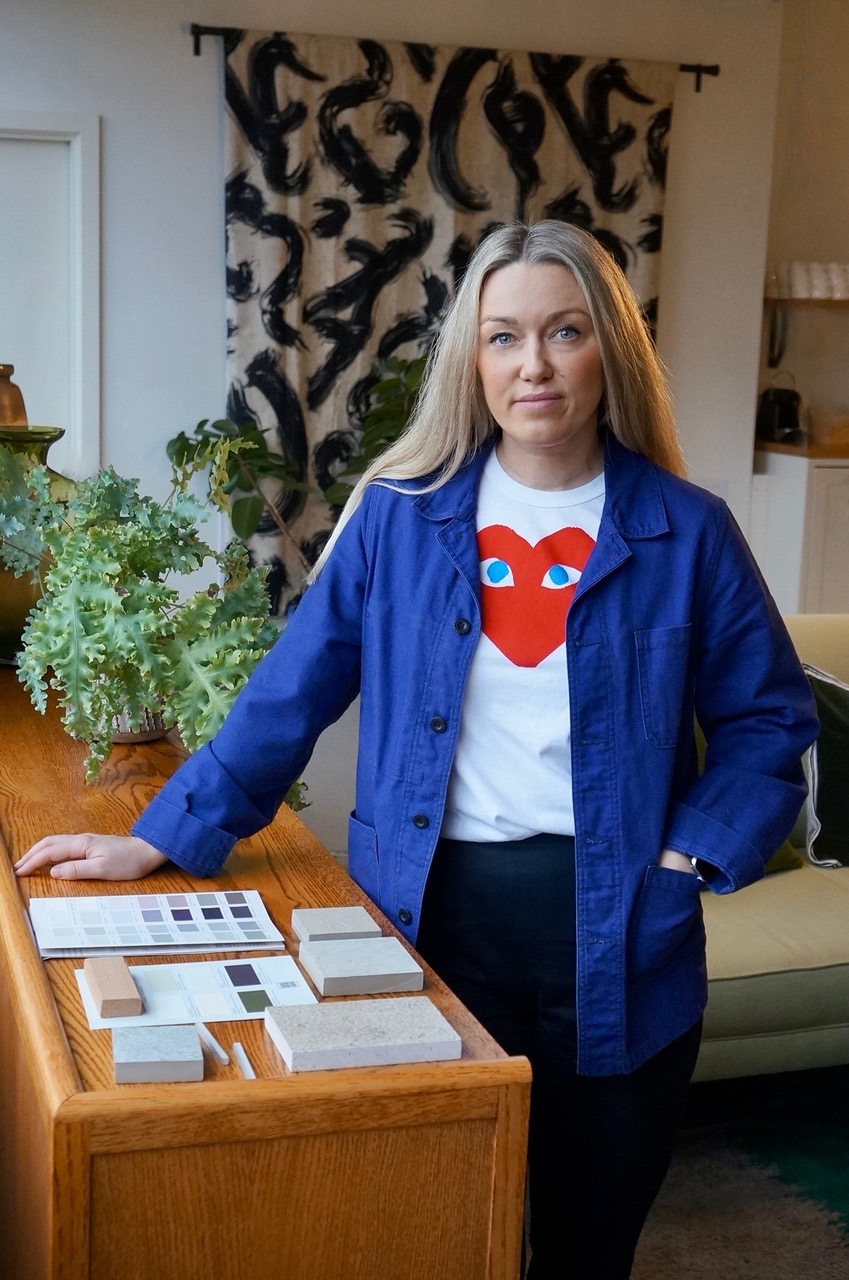 Garden designer Gina Taylor wearing a blue jacket