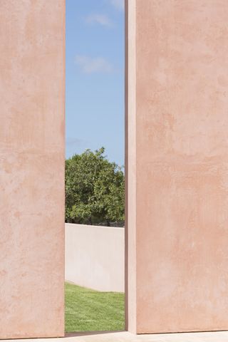 pink walls of a house looking onto a yard