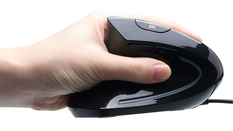 Adesso iMouse E9 vertical mouse being held in a human hand