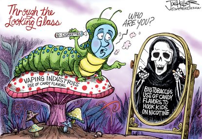 Editorial cartoon U.S. vaping tobacco industry Alice in Wonderland
