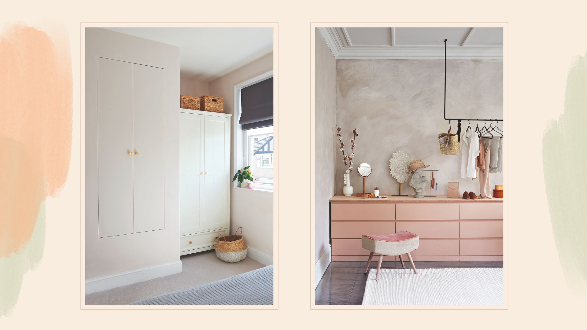 collage image showing built in wardrobes and pink drawers to support a guide on the best Ikea wardrobe storage finds