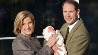 Prince Edward and Duchess Sophie hold their newborn son, James Viscount Severn