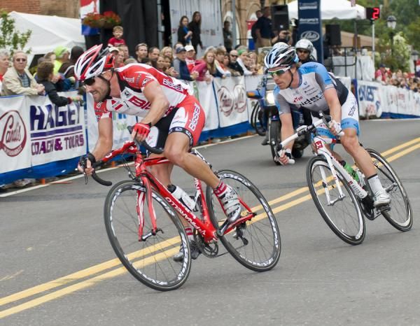 With two laps remaining, Frank Pipp (Bissell Pro Cycling) and Ryan Roth (Spider Tech) form the days second breakaway.